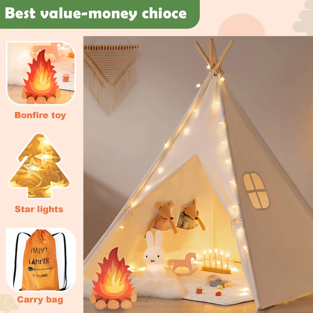 Natural Cotton Canvas Children Child Toddler Kids Play Tent House Foldable Indoor Teepee Tent for Kids Tipi Tent for Children